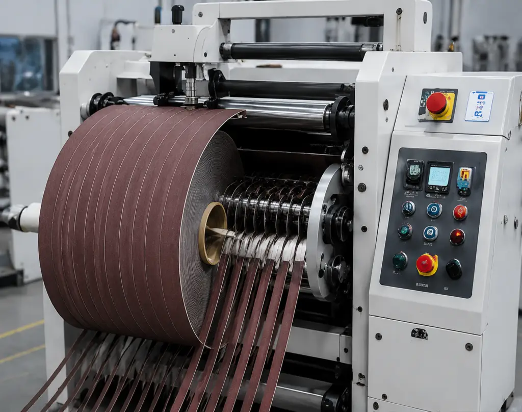 Abrasive roll being slit for sharpening belt production