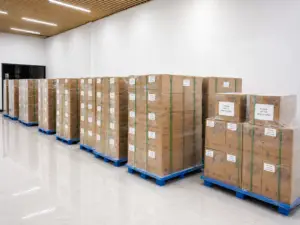 Warehouse stocked with export cartons